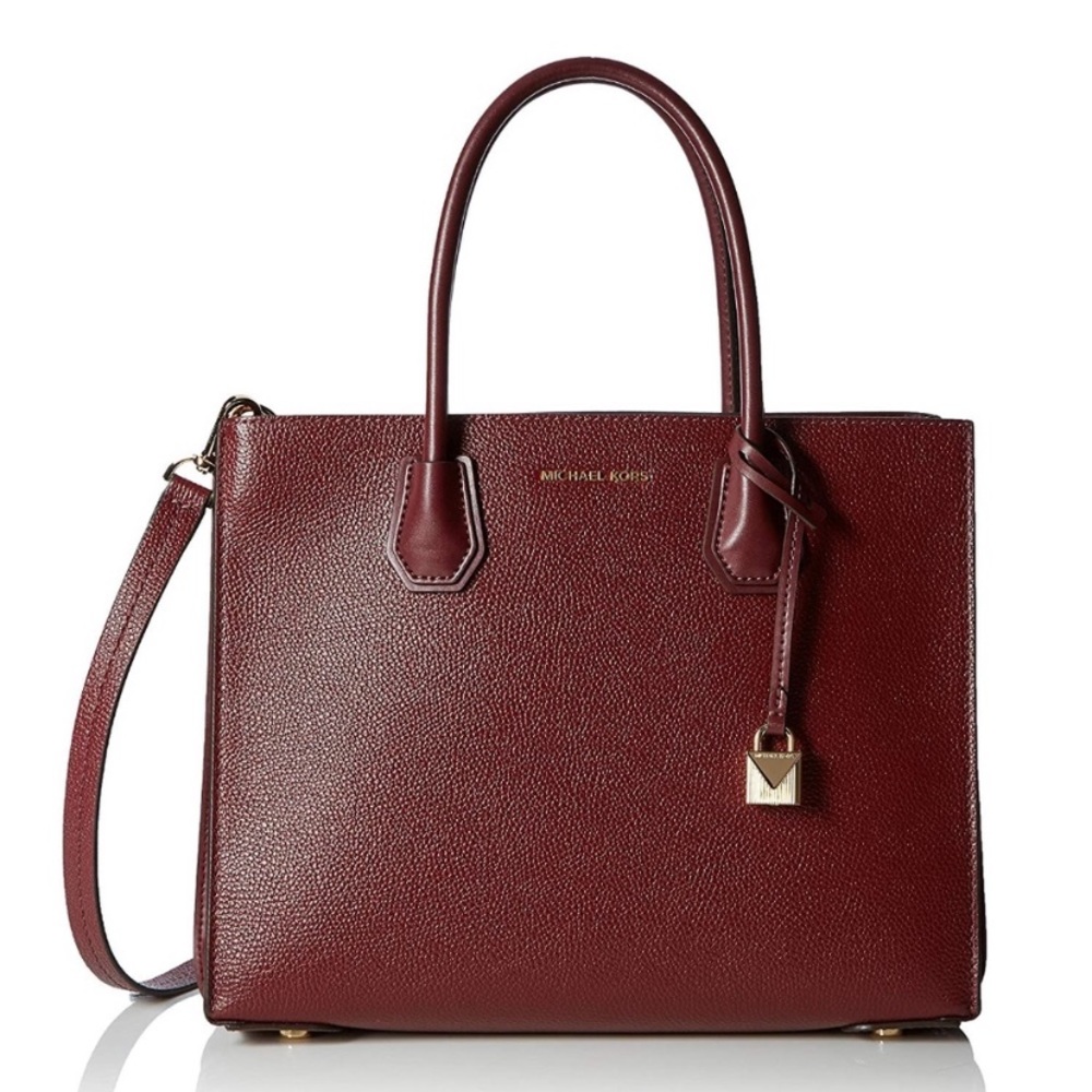 Michael Kors Burgundy Satchel with Geometric Lines and Metallic Charm